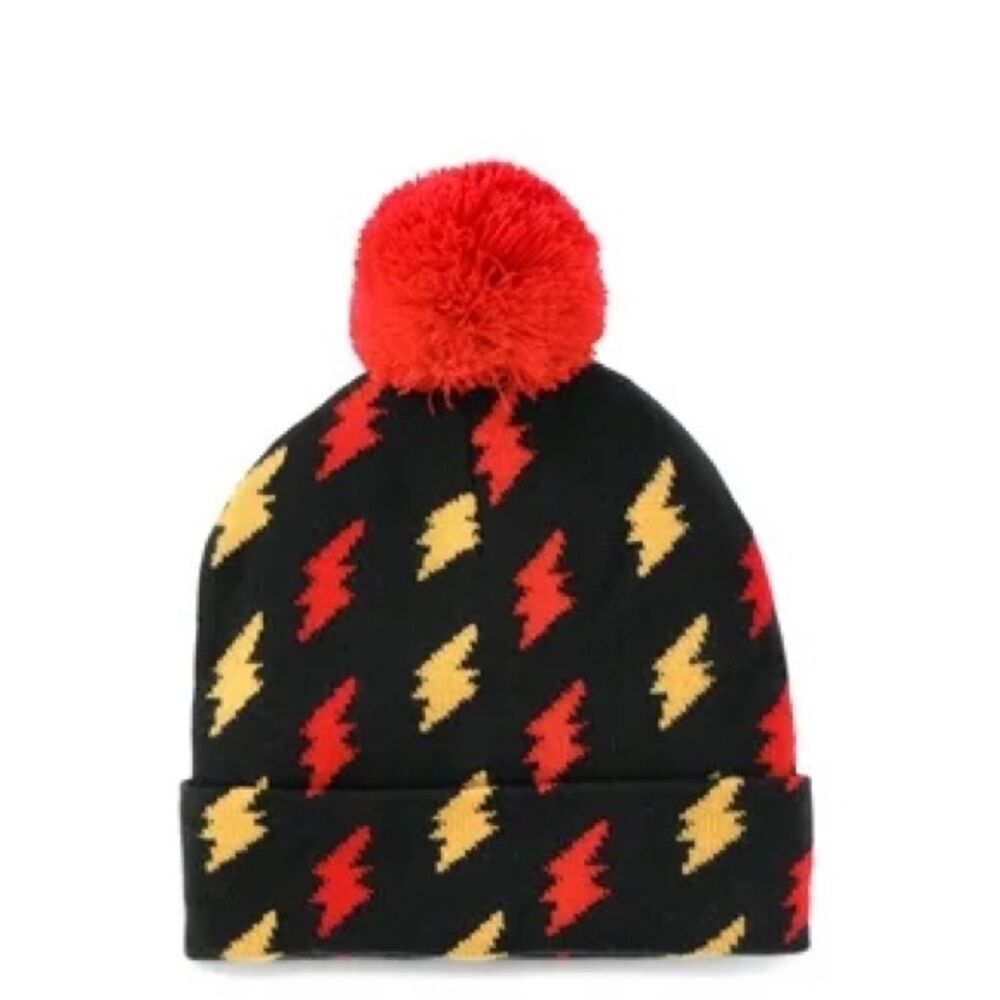 Black Beanie with Red & Yellow Lighting Bolt Print One Size
